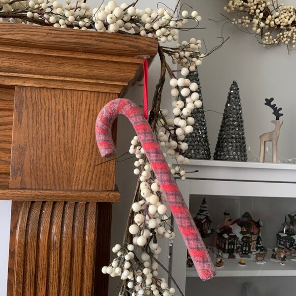 Extra Large Frosted Beaded Candy Cane Ornament Plaid pattern - Picture 1 of 2